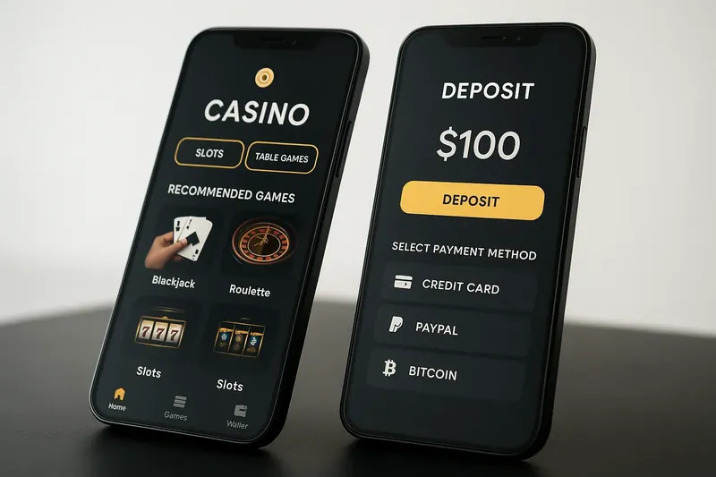 Two smartphones showing dark casino lobby and deposit screens
