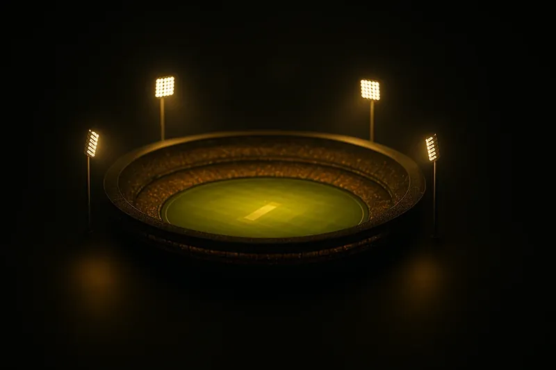 Aerial view of illuminated cricket stadium with floodlights and packed stands