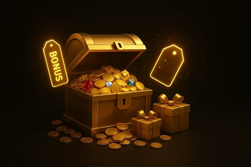 Golden treasure chest bursting with coins, gems, gifts, and bonus tags