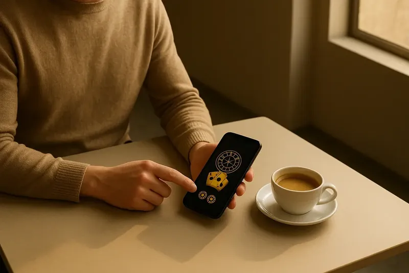 Person at cafe table using smartphone with dark casino app
