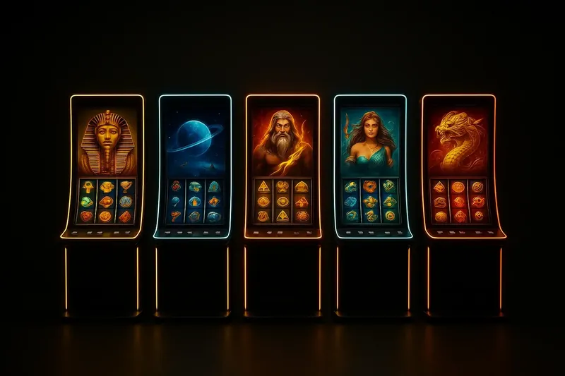 Five vivid video slot screens with neon lighting and themed graphics